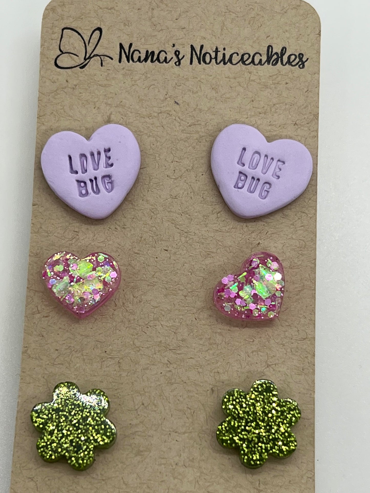 POLYMER & RESIN 3 PACK IN LAVENDER HEART, GLITTER HEART AND GREEN FLOWER