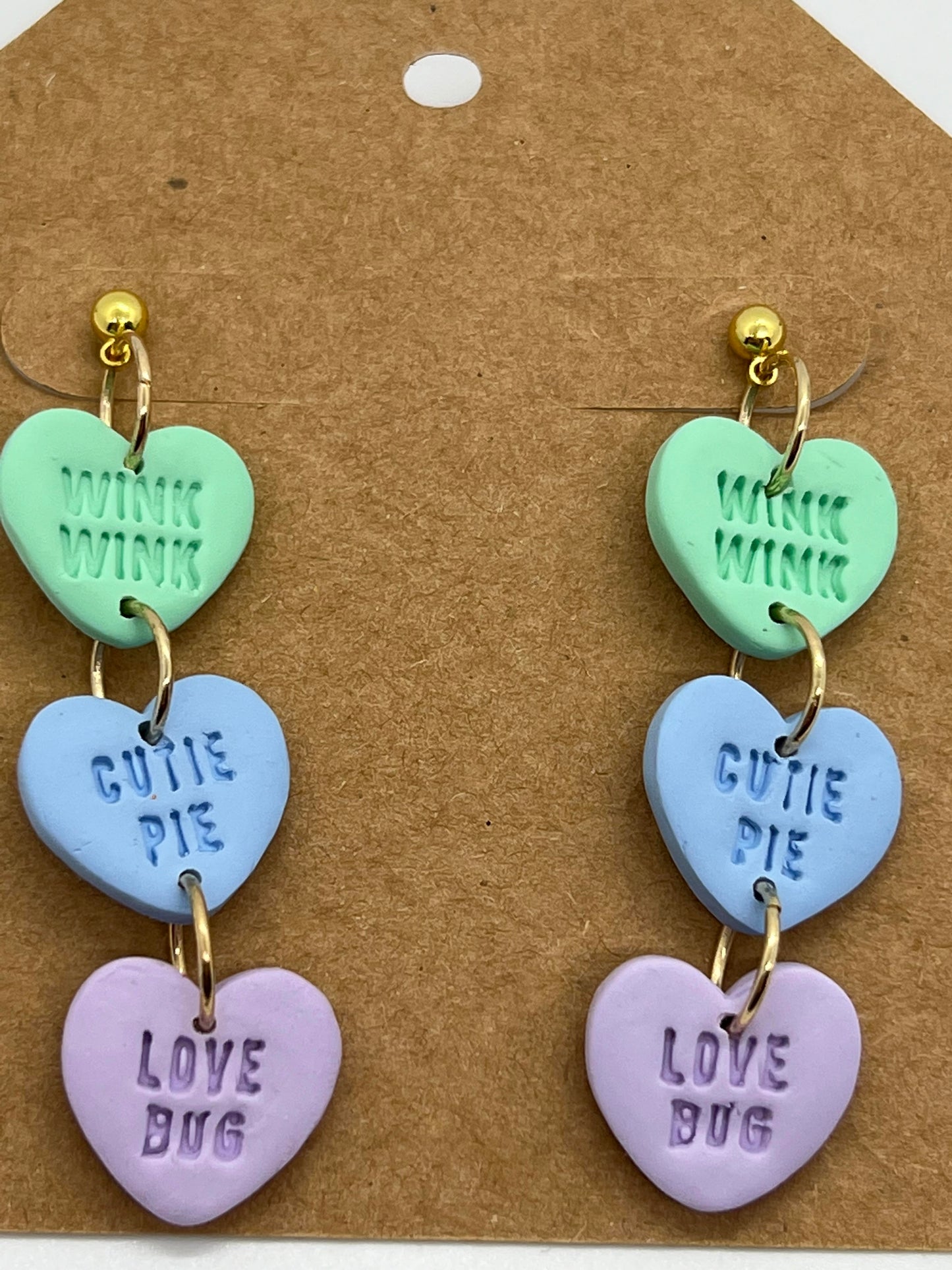 POLYMER VALENTINE THREE HEART DROP IN GREEN, BLUE AND LAVENDER