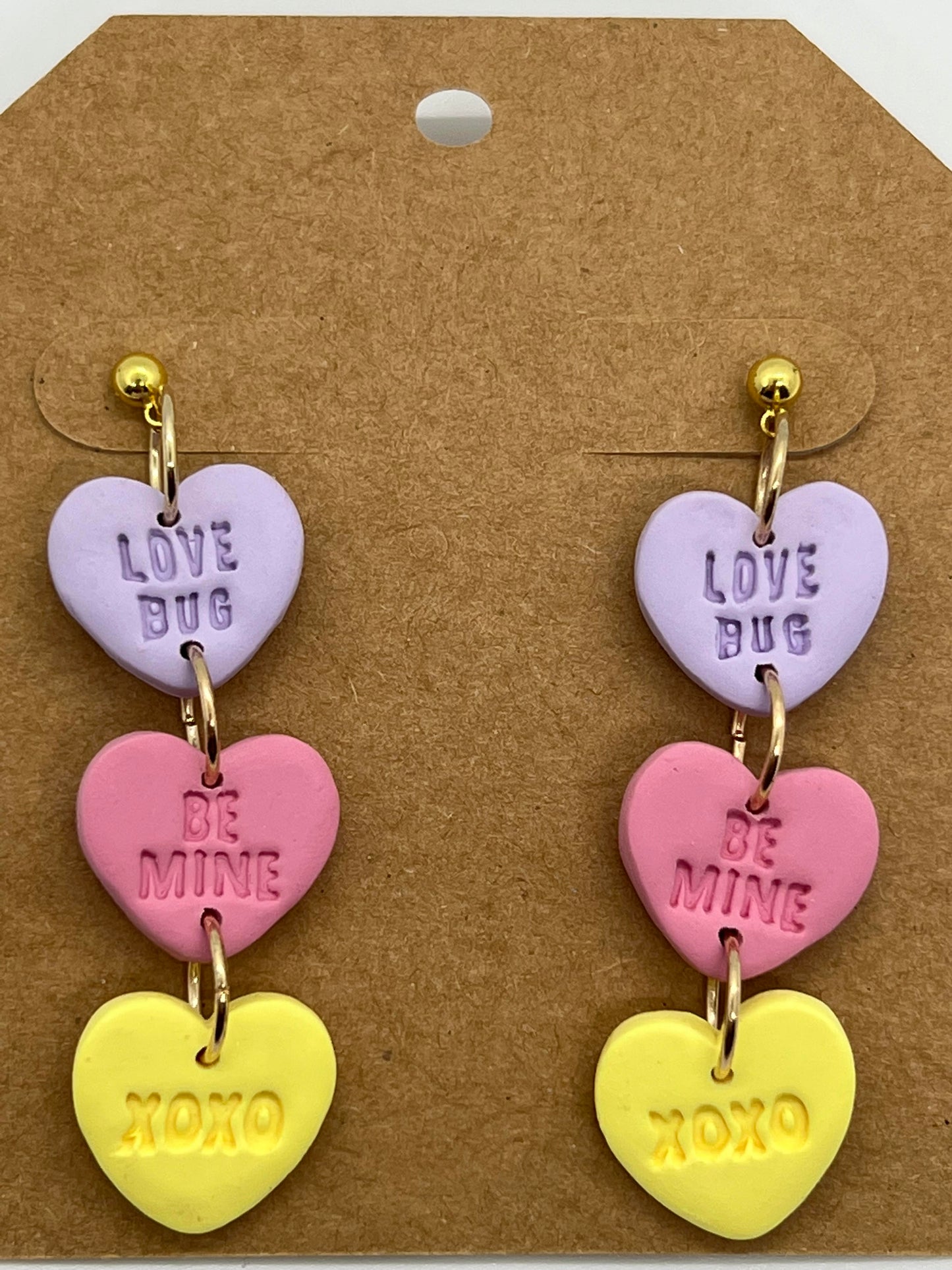 POLYMER VALENTINE THREE HEART DROP IN LAVENDER, PINK AND YELLOW