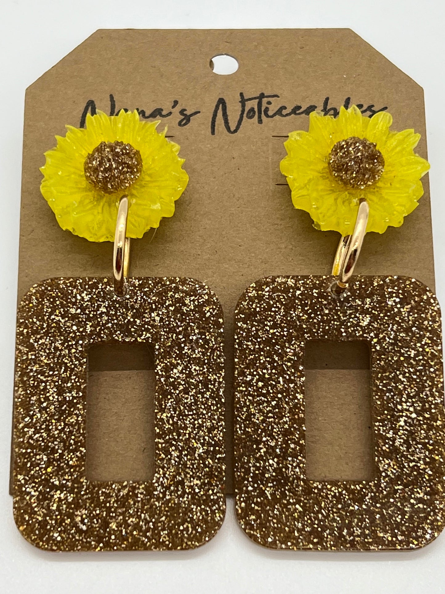 RESIN SUN FLOWER AND OPEN RECTANGLE IN YELLOW AND GOLD SPARKLE