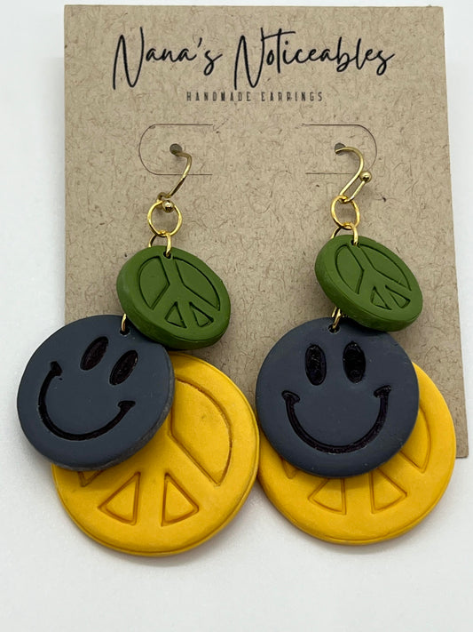 POLYMER 3 DROPS OF PEACE SIGNS AND A SMILEY FACE SAGE GREEN, GRAY AND YELLOW