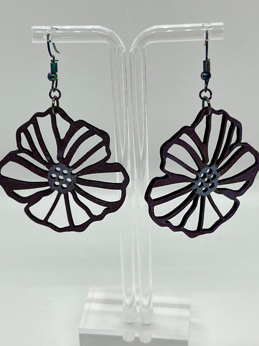 WOOD FLOWER EARRINGS STAINED IN A SHIMMER WINE WITH METALLIC BLUE CENTER