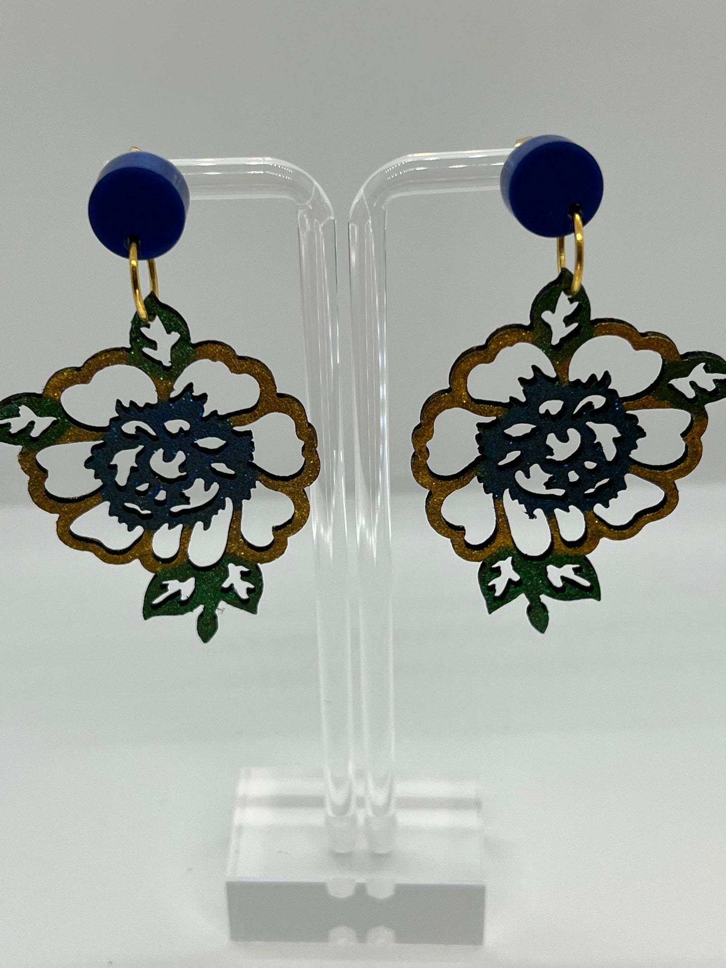 WOOD FLOWE EARRINGS HAND STAINED IN SPARKLE BLUE YELLOW AND GREEN