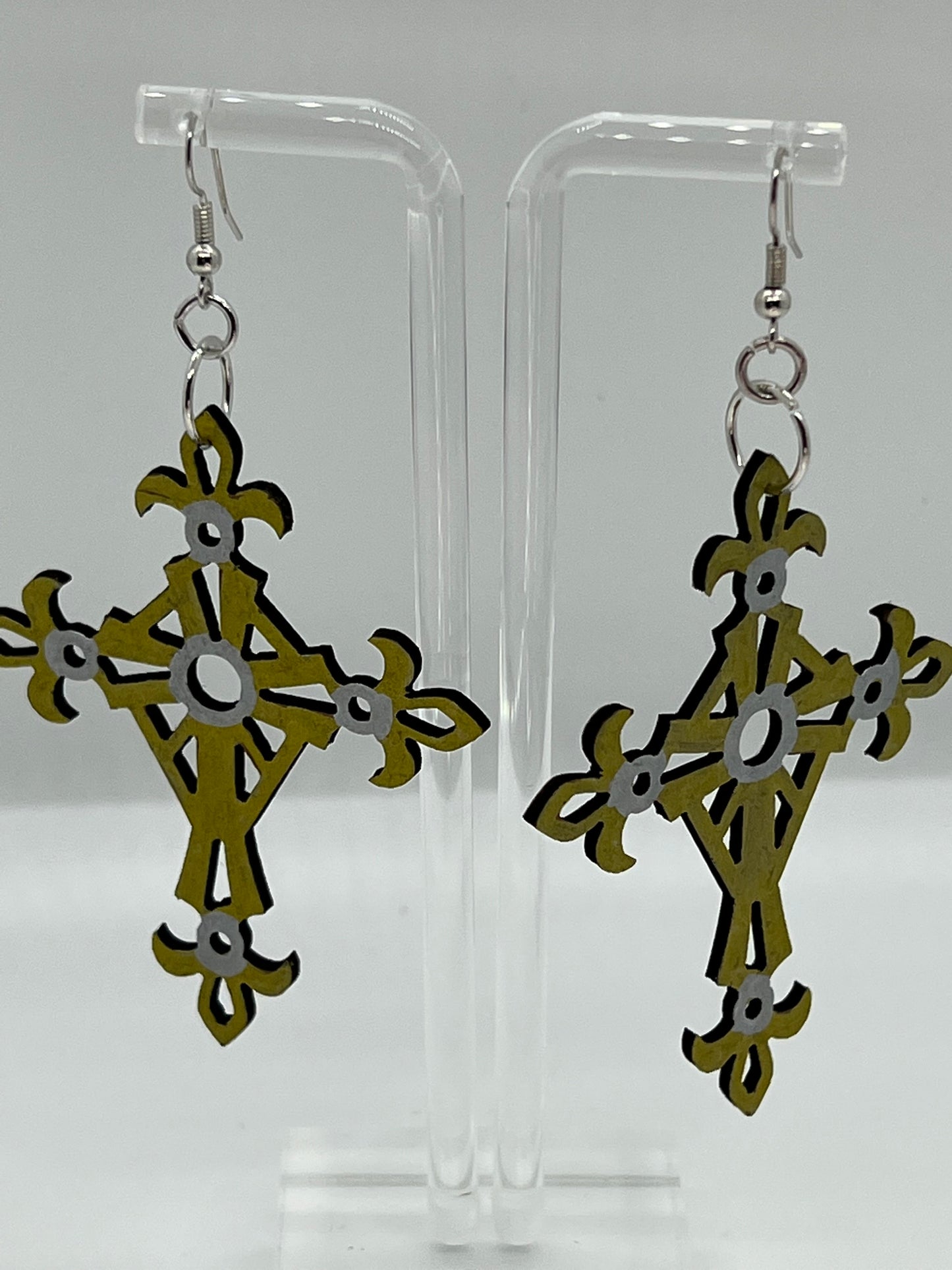 WOOD CROSS EARRINGS IN RUSTIC GOLD AND SILVER