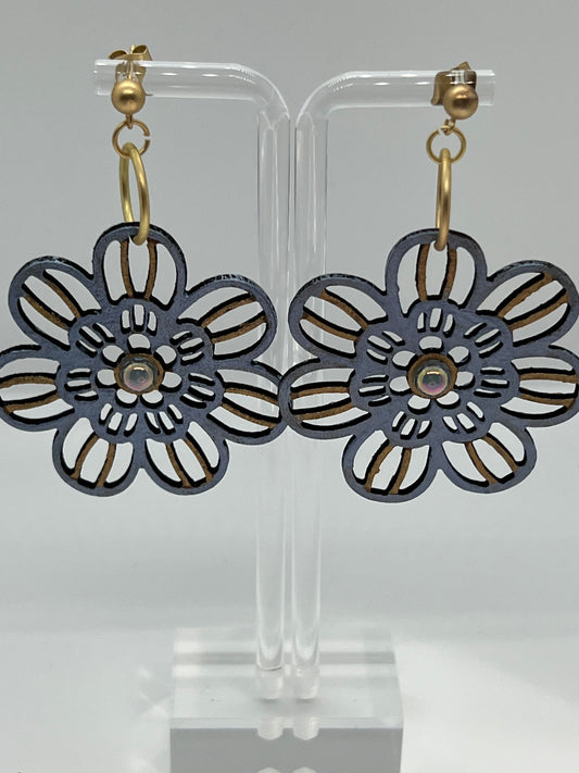 WOOD FLOWERS PAINTED IN METALLIC BLUE WITH METALLIC GOLD